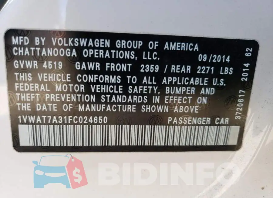 1VWAT7A31FC024650 Photo# 12