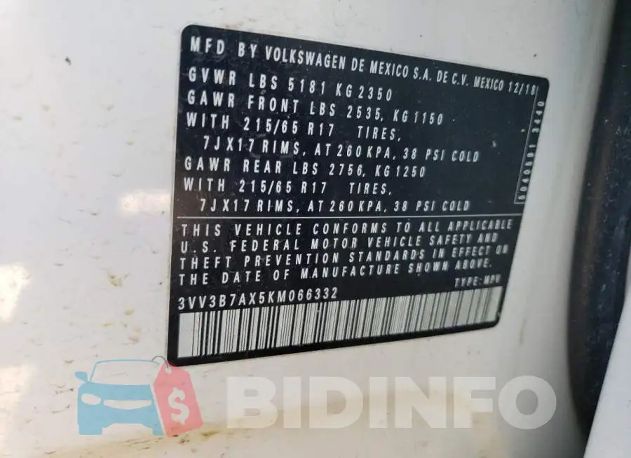 3VV3B7AX5KM066332 Photo# 13