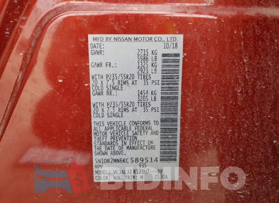 5N1DR2MN6KC589514 Photo# 13