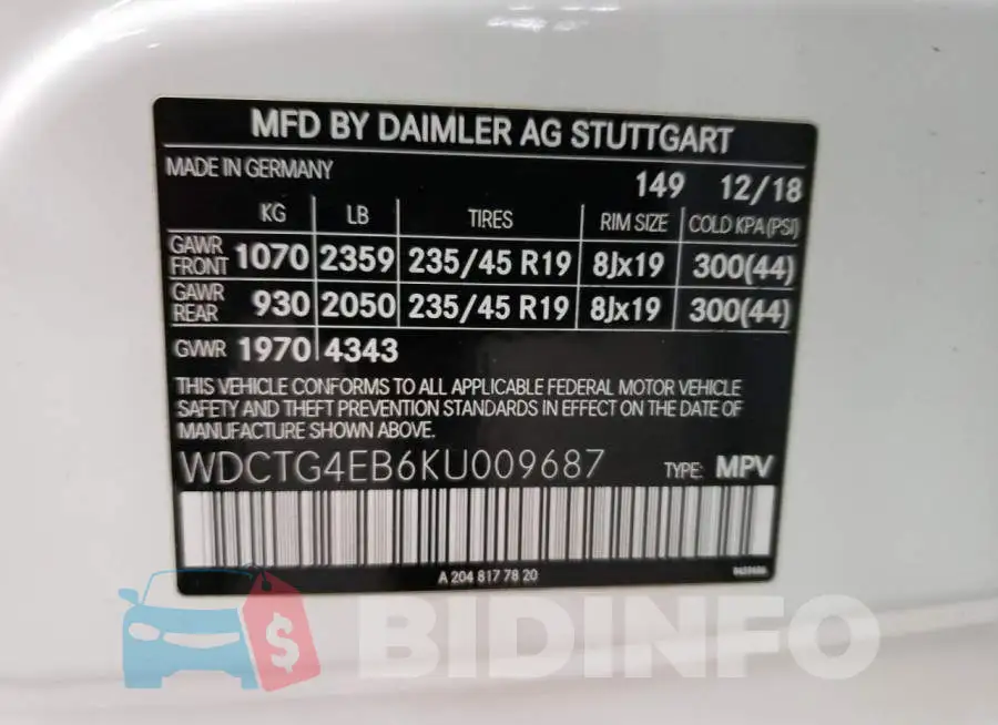 WDCTG4EB6KU009687 Photo# 12