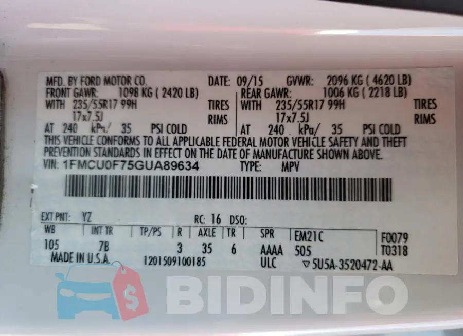1FMCU0F75GUA89634 Photo# 13