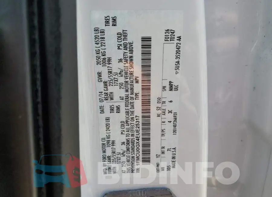 1FMCU0GX4EUE25317 Photo# 13