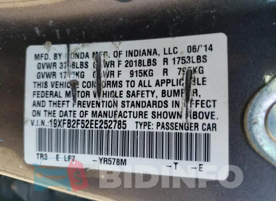 19XFB2F52EE252785 Photo# 12