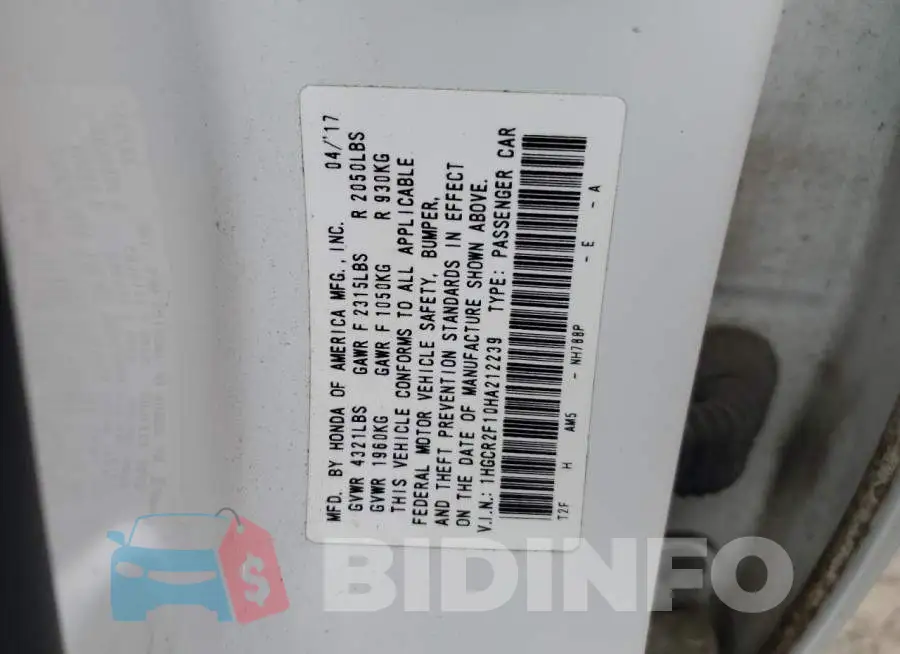 1HGCR2F10HA212239 Photo# 12