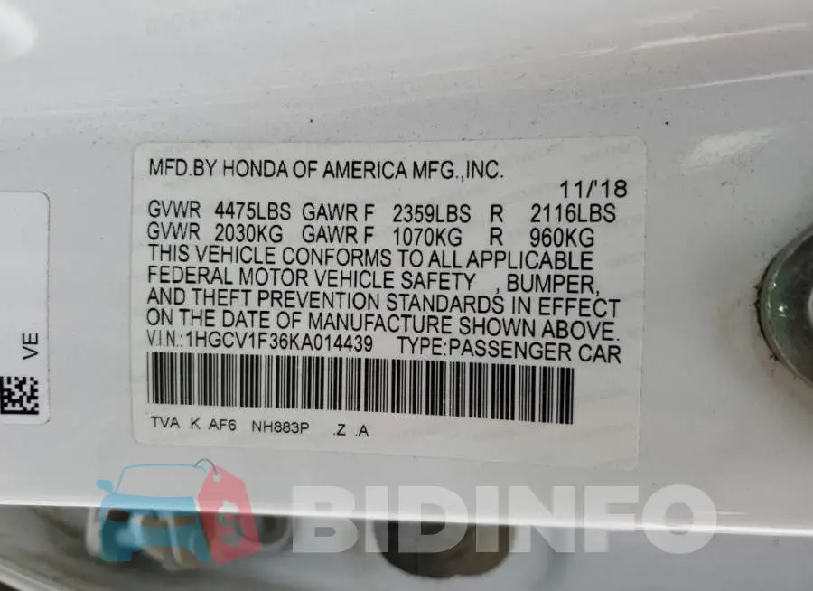1HGCV1F36KA014439 Photo# 13