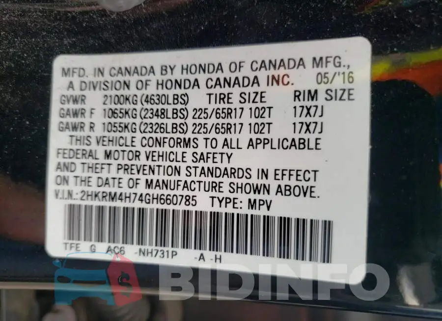 2HKRM4H74GH660785 Photo# 13