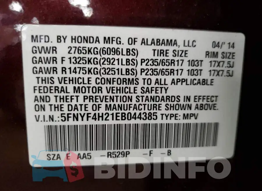 5FNYF4H21EB044385 Photo# 13