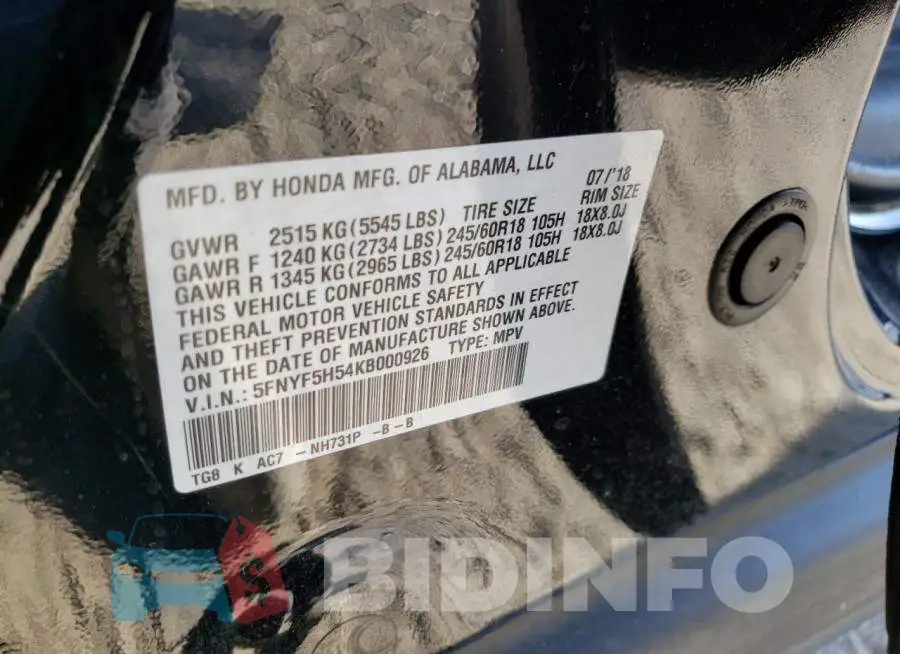 5FNYF5H54KB000926 Photo# 13