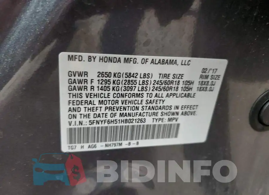 5FNYF6H51HB021263 Photo# 13