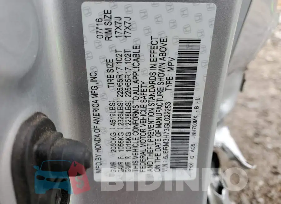 5J6RM3H73GL022253 Photo# 12