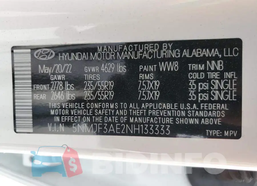 5NMJF3AE2NH133333 Photo# 14
