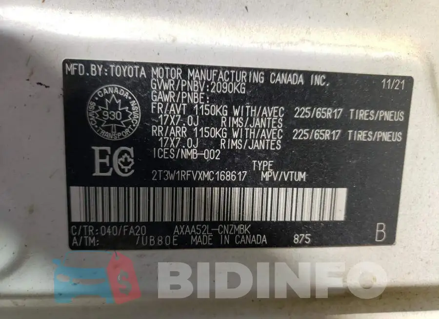 2T3W1RFVXMC168617 Photo# 14