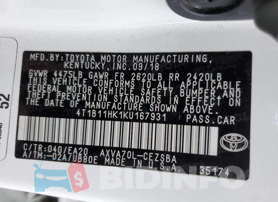 4T1B11HK1KU167931 Photo# 12