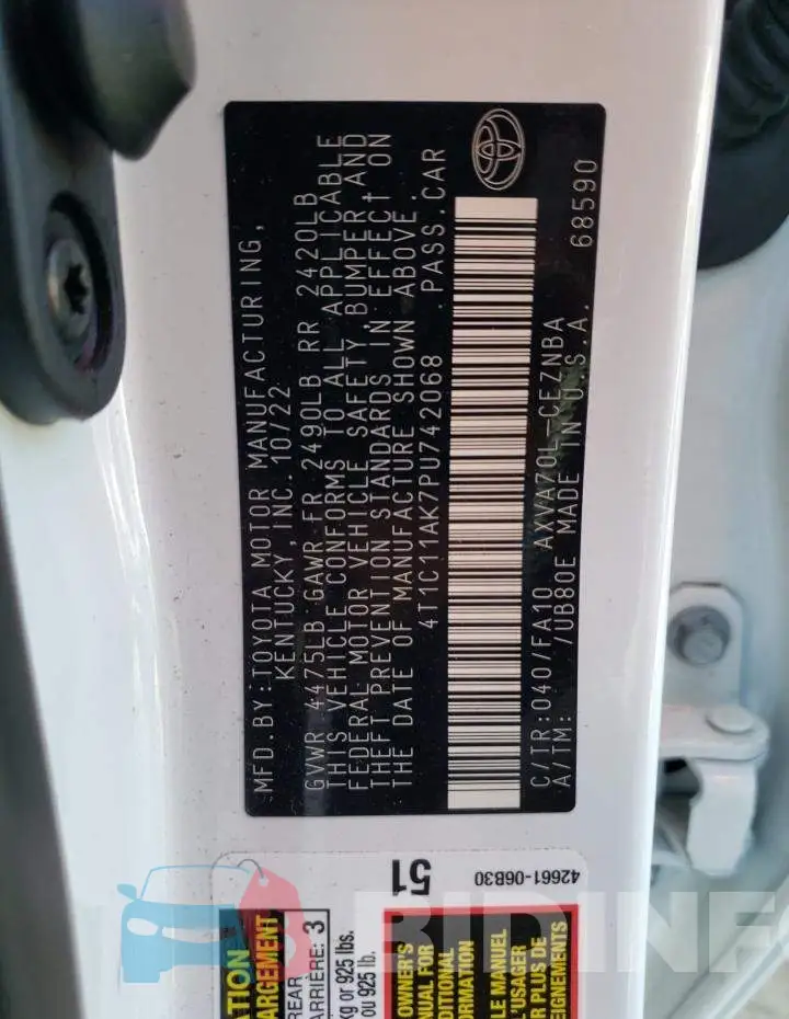 4T1C11AK7PU742068 Photo# 12