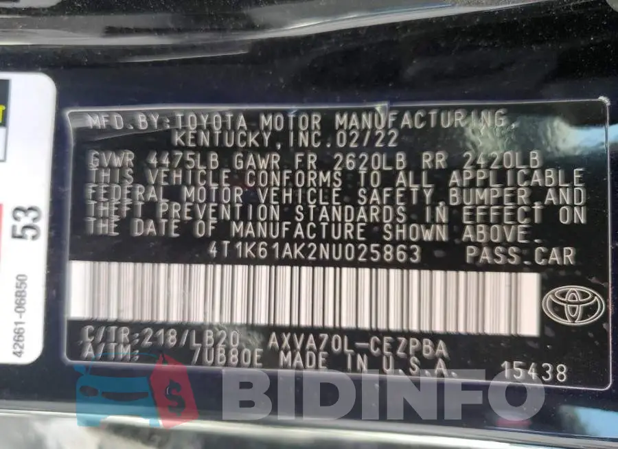 4T1K61AK2NU025863 Photo# 12