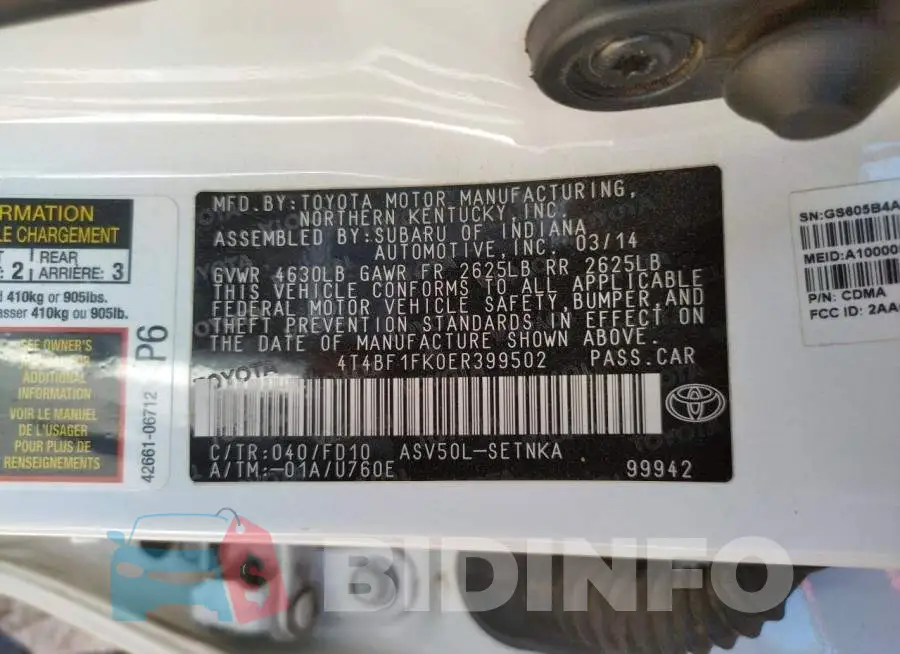 4T4BF1FK0ER399502 Photo# 12