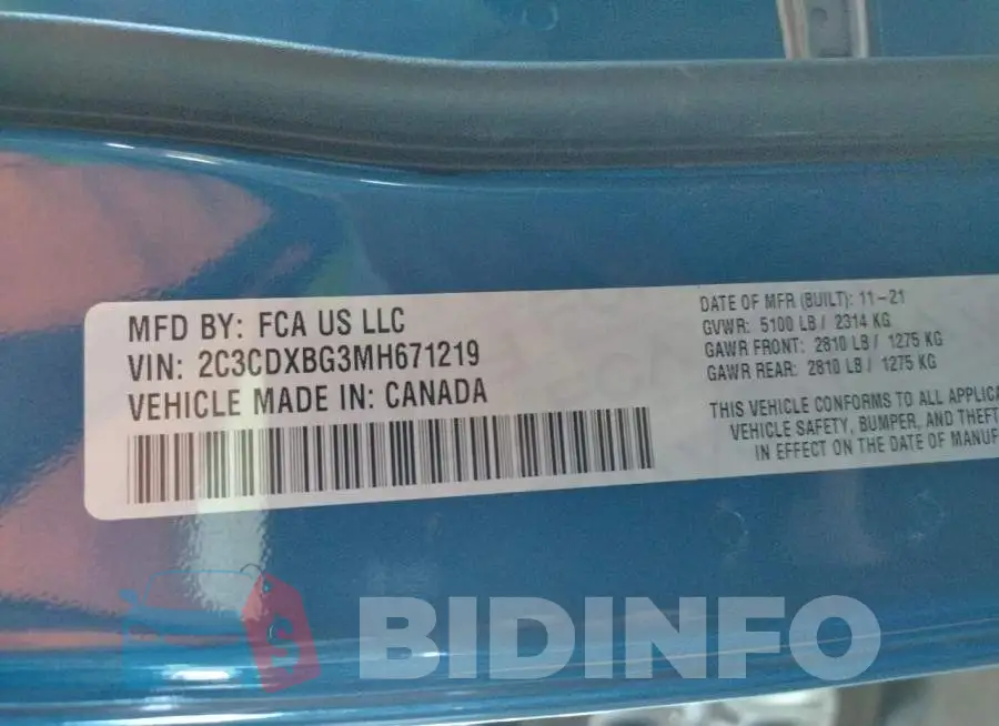 2C3CDXBG3MH671219 Photo# 12
