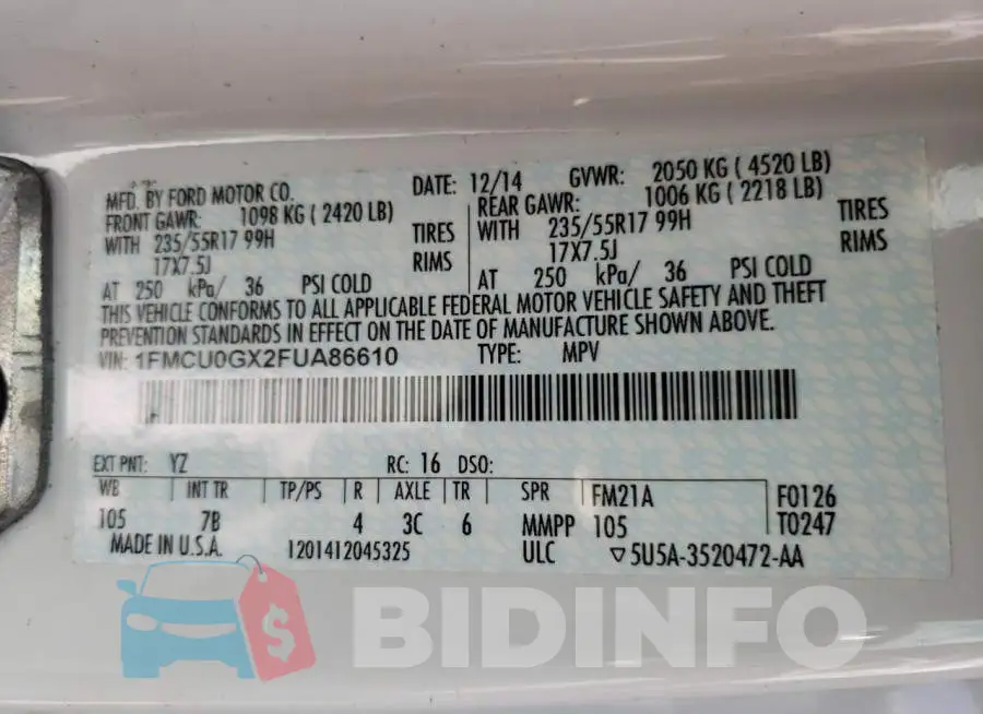 1FMCU0GX2FUA86610 Photo# 14
