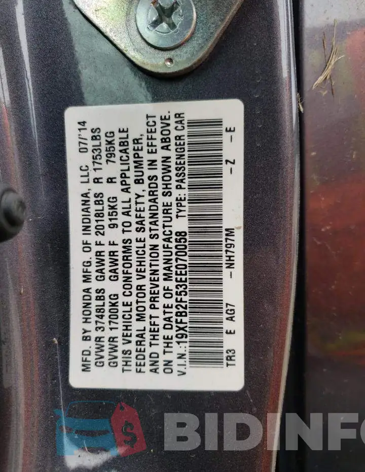 19XFB2F53EE070058 Photo# 13