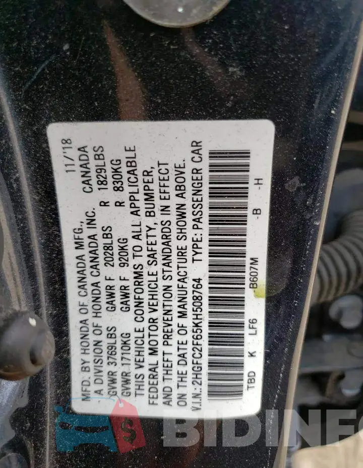 2HGFC2F65KH508764 Photo# 12