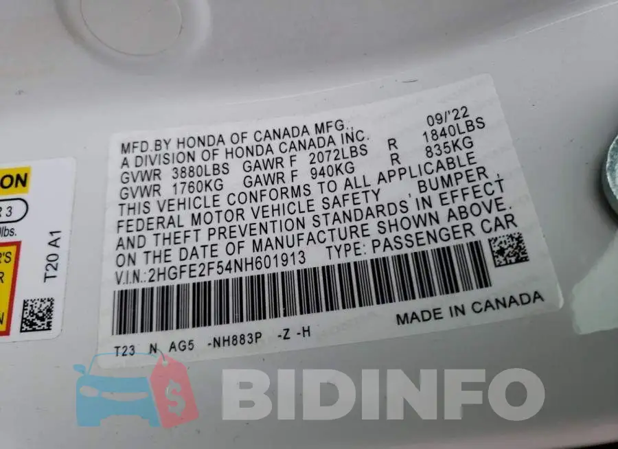 2HGFE2F54NH601913 Photo# 12