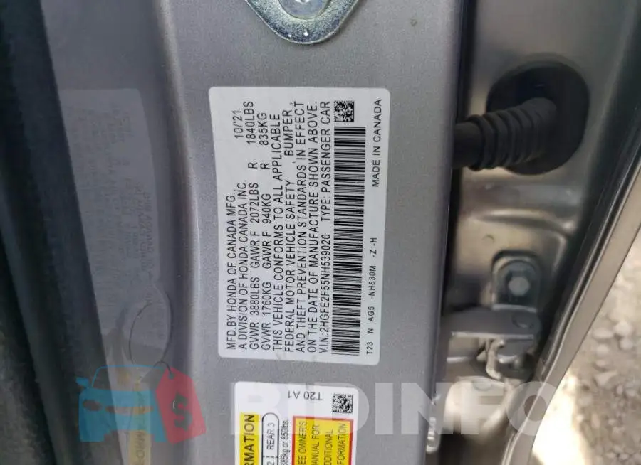 2HGFE2F55NH539020 Photo# 12
