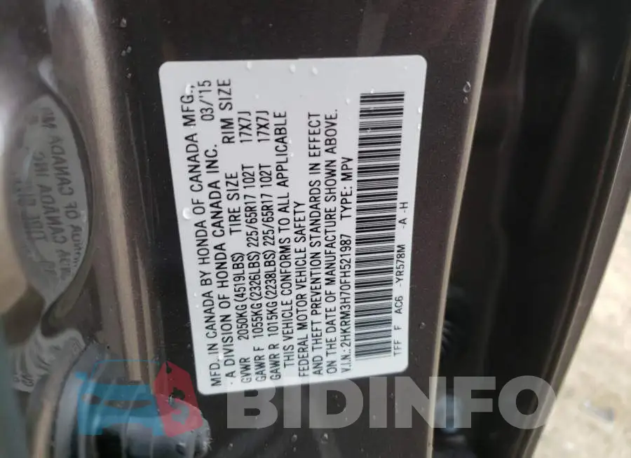 2HKRM3H70FH521987 Photo# 12