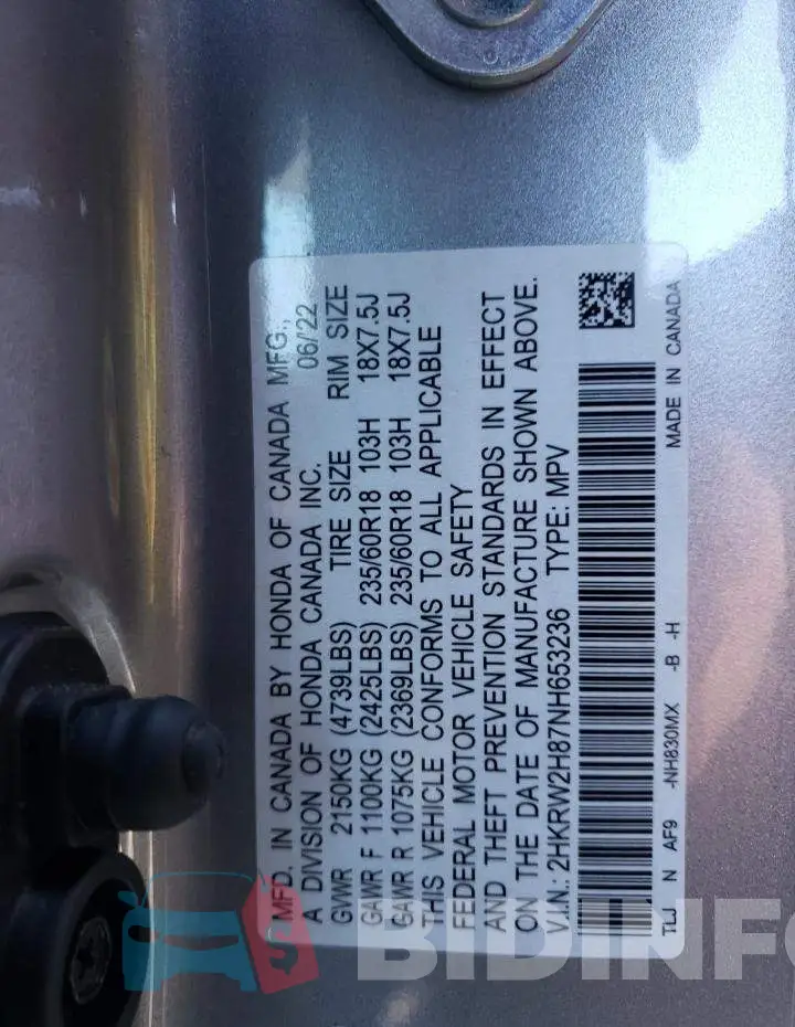 2HKRW2H87NH653236 Photo# 13