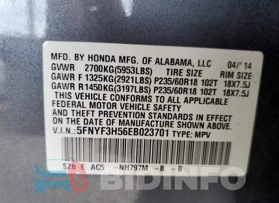 5FNYF3H56EB023701 Photo# 13