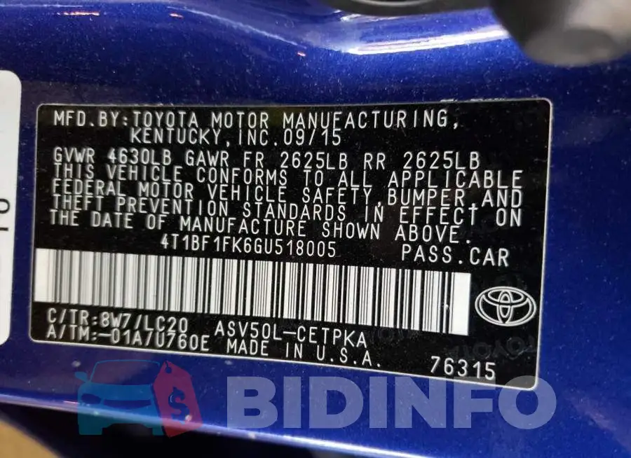 4T1BF1FK6GU518005 Photo# 12