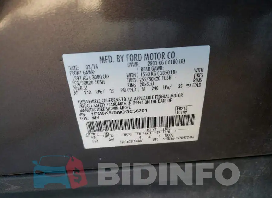 1FM5K8D89GGC56391 Photo# 10
