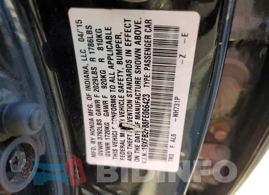 19XFB2F88FE066423 Photo# 12