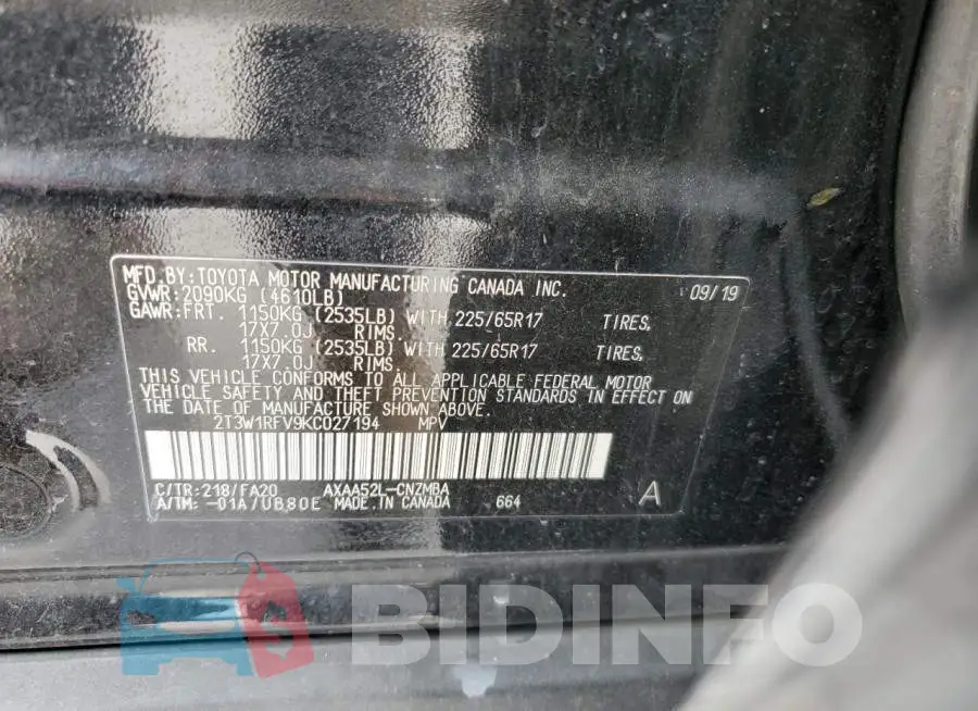 2T3W1RFV9KC027194 Photo# 13