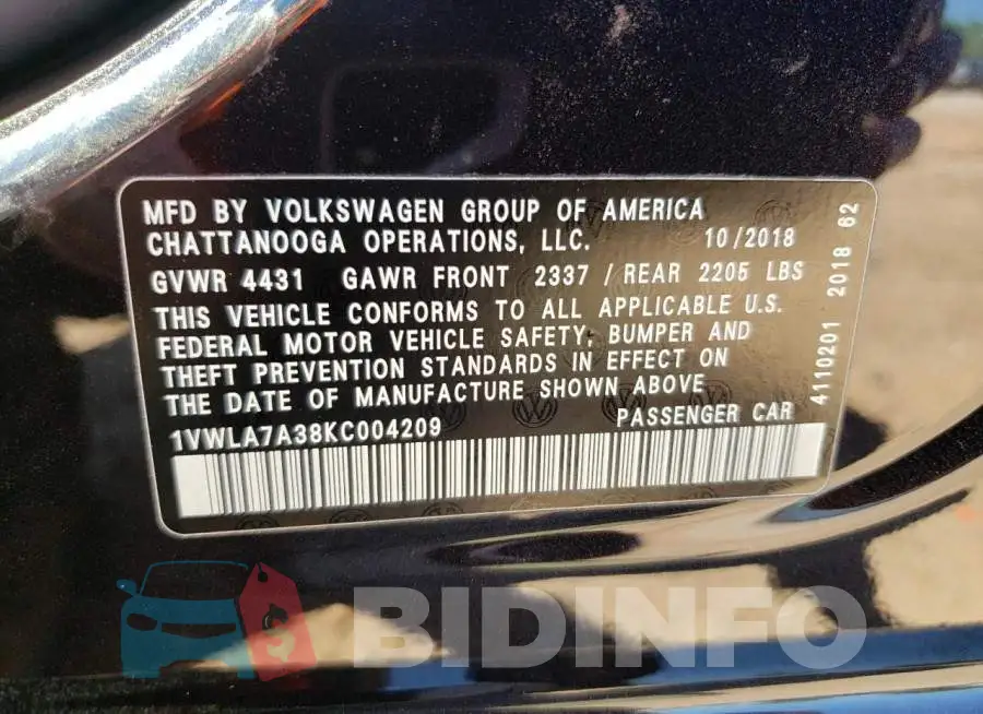 1VWLA7A38KC004209 Photo# 12
