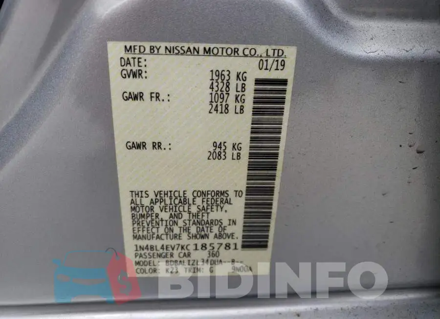 1N4BL4EV7KC185781 Photo# 12