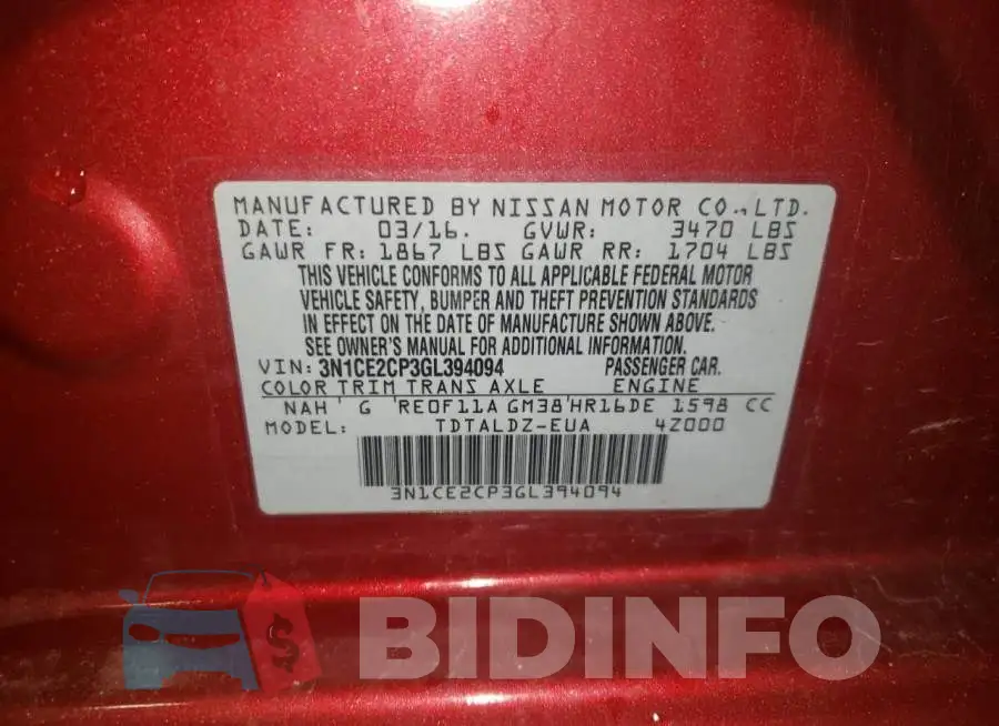 3N1CE2CP3GL394094 Photo# 13