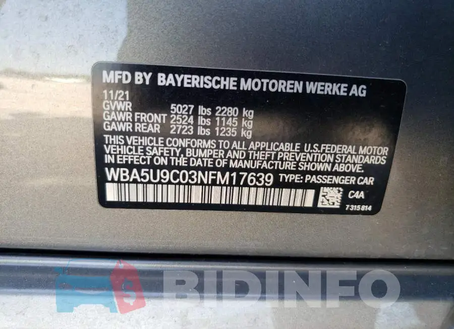 WBA5U9C03NFM17639 Photo# 12