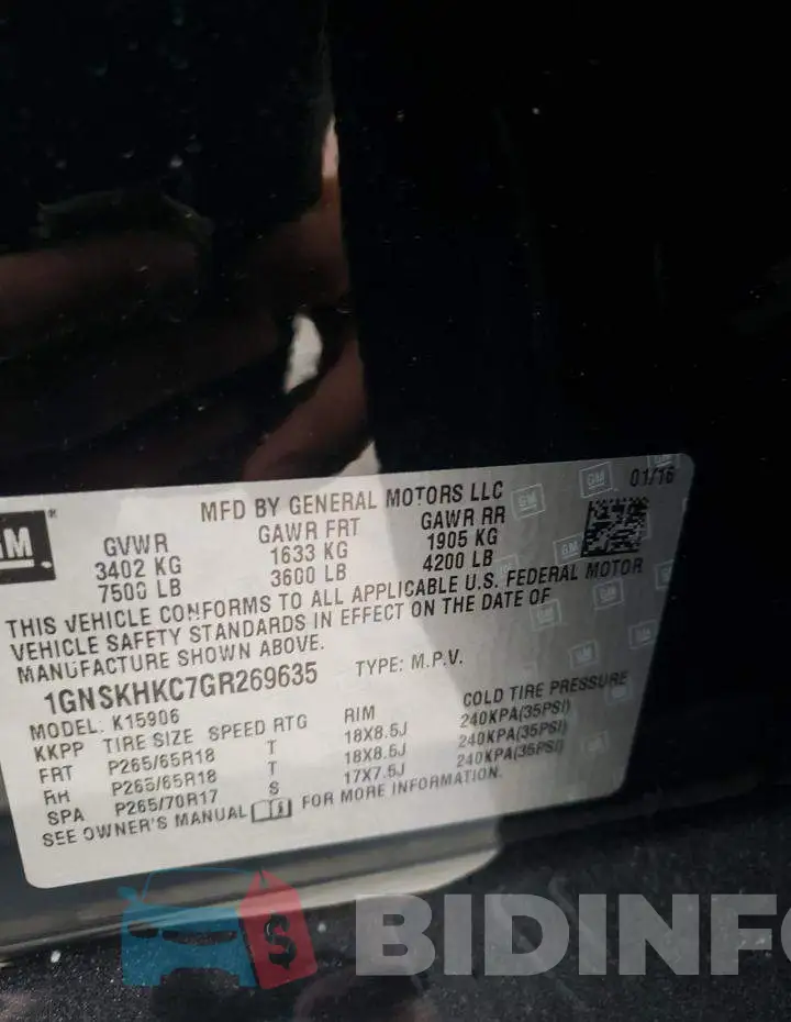 1GNSKHKC7GR269635 Photo# 13