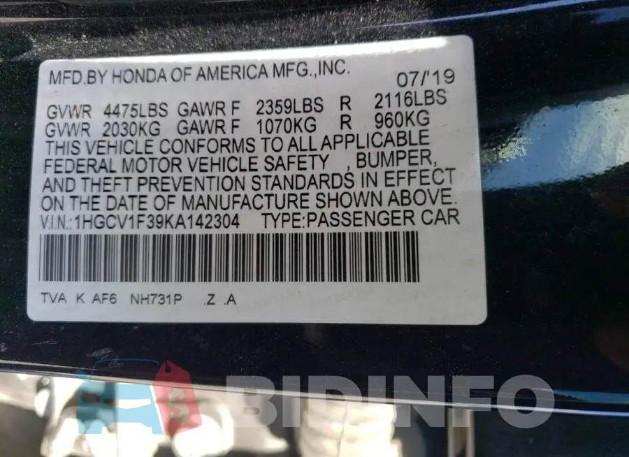 1HGCV1F39KA142304 Photo# 12