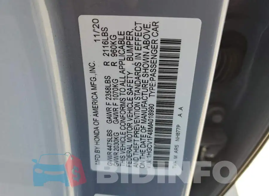1HGCV1F48MA018990 Photo# 12