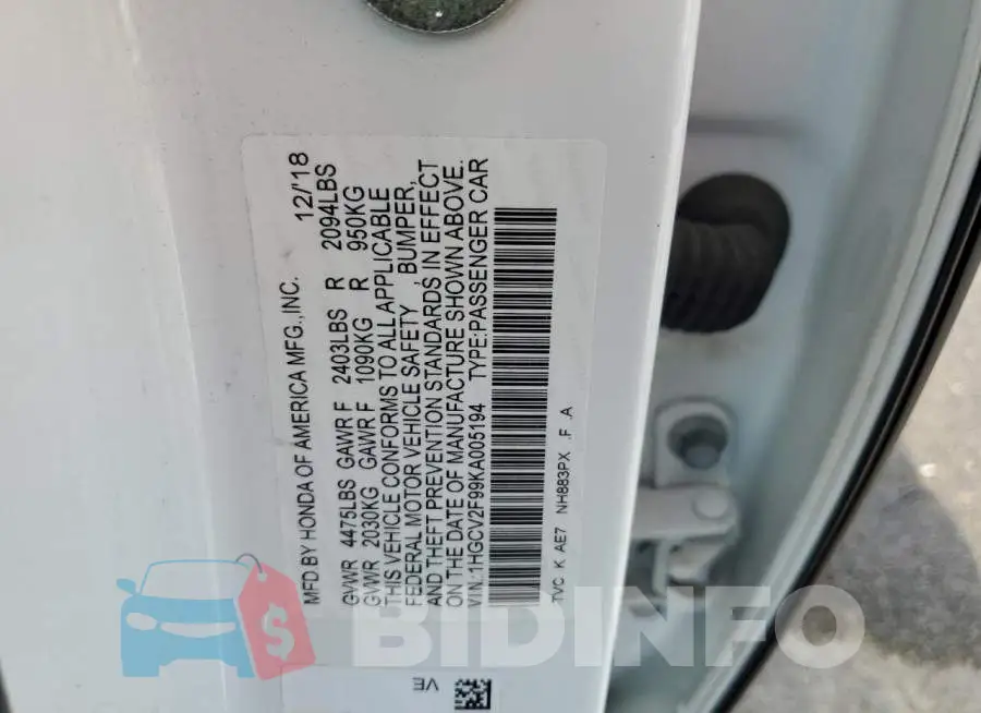 1HGCV2F99KA005194 Photo# 12