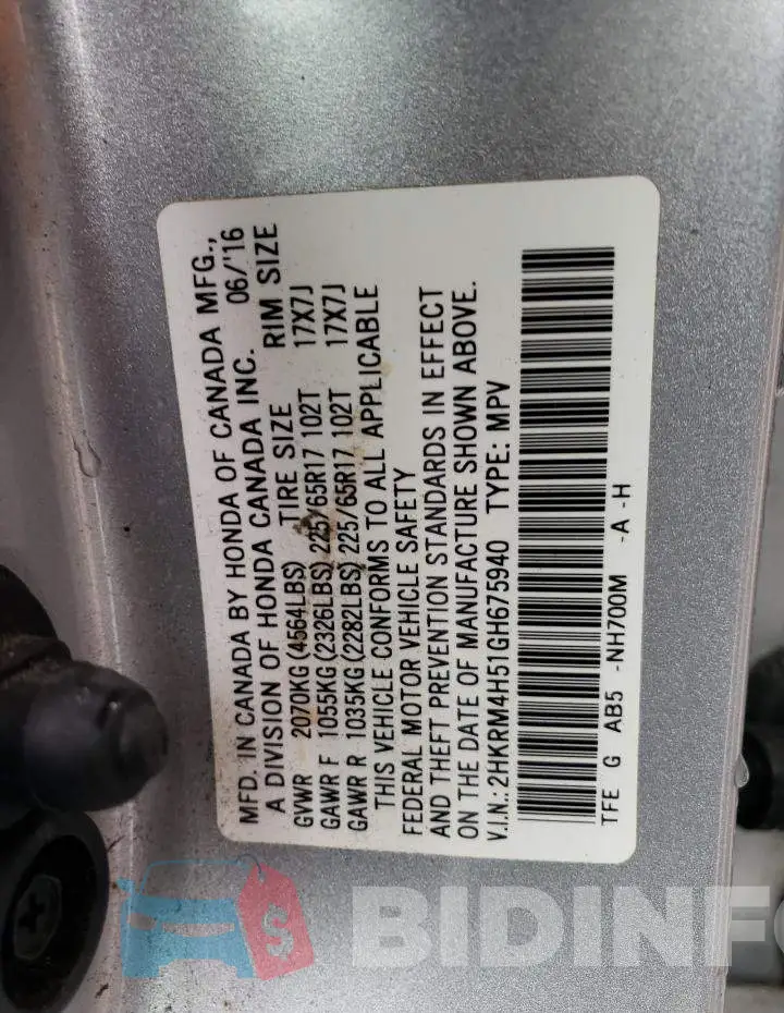 2HKRM4H51GH675940 Photo# 13