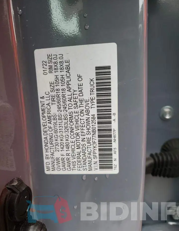 5FPYK3F77NB012584 Photo# 12