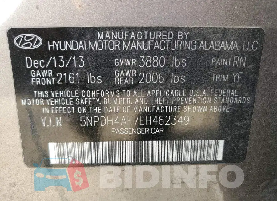 5NPDH4AE7EH462349 Photo# 12