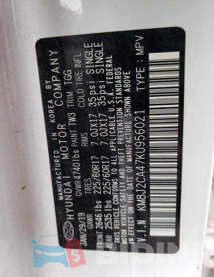 KM8J2CA47KU956021 Photo# 13