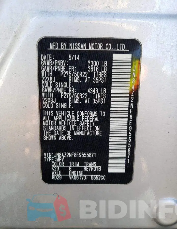 JN8AZ2NF8E9555871 Photo# 13