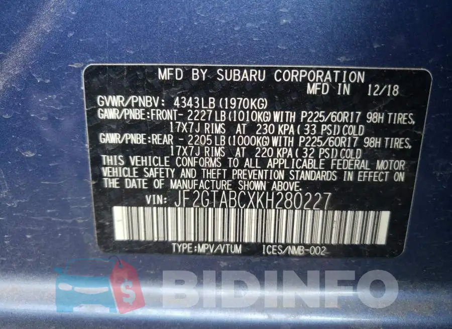 JF2GTABCXKH280227 Photo# 12