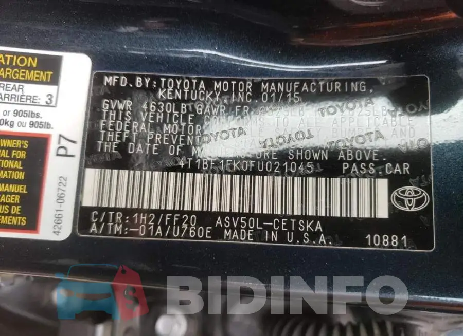 4T1BF1FK0FU021045 Photo# 12