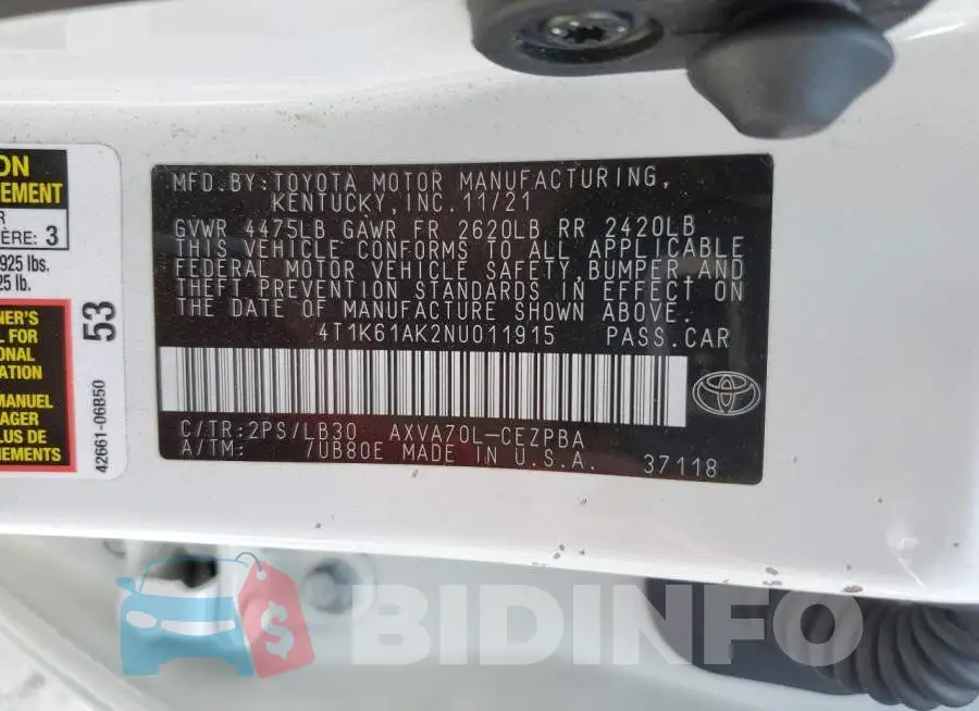 4T1K61AK2NU011915 Photo# 12