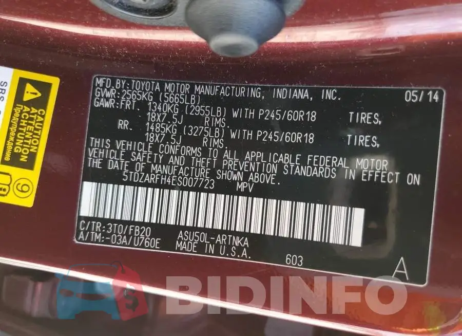 5TDZARFH4ES007723 Photo# 13